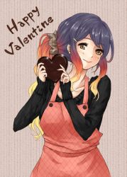 Rule 34 | 1girl, alternate costume, alternate hairstyle, apron, candy, chocolate, chocolate heart, contemporary, food, happy valentine, heart, hijiri byakuren, long hair, long sleeves, looking at viewer, mayoln, multicolored hair, ponytail, purple hair, smile, solo, sweater, touhou, valentine, yellow eyes
