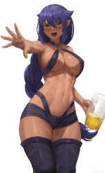 Rule 34 | 1girl, :d, absurdres, alcohol, arm up, bare shoulders, beer, black thighhighs, blush, braid, braided ponytail, breasts, choker, collarbone, cup, dark-skinned female, dark skin, drunk, feet out of frame, hair between eyes, hand up, highres, jahy, jahy-sama wa kujikenai!, large breasts, long hair, looking at viewer, o-ring, o-ring top, open mouth, pointy ears, ponytail, purple hair, short shorts, shorts, silvertsuki, simple background, smile, solo, tan, thighhighs, very long hair, white background, yellow eyes