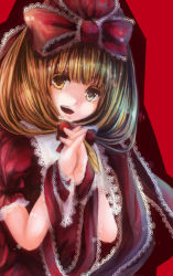 Rule 34 | 1girl, :d, female focus, frills, front ponytail, gradient hair, hair ribbon, heterochromia, kagiyama hina, lace, multicolored hair, open mouth, own hands together, ribbon, smile, solo, touhou, upper body, yukiiri