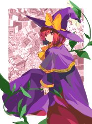 Rule 34 | 1girl, border, bow, capelet, closed mouth, commentary request, dress, flower, from side, gold trim, hair between eyes, hat, hat bow, highres, kaigen 1025, kirisame marisa, kirisame marisa (pc-98), leaf, long sleeves, looking at viewer, outside border, plant, pointy ears, purple capelet, purple dress, purple hat, red eyes, red hair, short hair, smile, solo, touhou, touhou (pc-98), vines, white border, witch hat, yellow bow, yellow neckwear