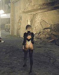 Rule 34 | 1girl, 3d, animated, animated gif, ass, back, black thighhighs, boots, bottomless, from behind, huge ass, legs, leotard, lowres, nier (series), nier:automata, outdoors, robot, solo, thigh boots, thighhighs, thighs, thong leotard, underwear, walking, 2b (nier:automata)
