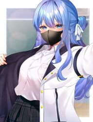 Rule 34 | 1girl, arm strap, black mask, black skirt, blue eyes, blue hair, blush, breast pocket, breasts, ch r y, collared shirt, commentary, commission, english commentary, hair between eyes, hair ribbon, highres, hololive, hoshimachi suisei, jacket, long hair, long sleeves, looking at viewer, mask, medium breasts, mouth mask, open clothes, open jacket, plaid, plaid skirt, pocket, ribbon, school uniform, second-party source, shirt, skeb commission, skirt, solo, virtual youtuber, white jacket, white ribbon, white shirt