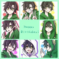 Rule 34 | !, 1boy, ^ ^, black hair, casual, closed eyes, closed mouth, collared shirt, dot mouth, double v, english text, expressionless, expressions, from side, frown, glaring, green hoodie, hair between eyes, hair ornament, hairclip, happy birthday, hood, hood down, hood up, hoodie, jitome, kagerou project, kanako-n-03-04, light blue background, looking at viewer, looking back, male focus, mekakucity actors, multiple views, open mouth, portrait, purple shirt, seto kousuke, shirt, short hair, smile, t-shirt, teeth, unamused, upper body, v, variations, white hoodie, white shirt, yellow eyes