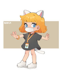 Rule 34 | 1girl, animal ears, bare legs, black shirt, blue eyes, bracelet, cat ears, cat tail, child, covered mouth, eyebrows hidden by hair, female focus, full body, highres, jewelry, looking at viewer, mask, mouth mask, no pants, orange hair, original, outstretched arms, shirt, short hair, short sleeves, solo, spread arms, standing, tail, white footwear, yokappa (jokappa)
