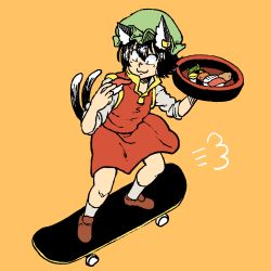 Rule 34 | 1girl, :3, animal ears, black hair, brown footwear, cat ears, cat tail, chanta (ayatakaoisii), chen, earrings, food, green hat, hat, highres, holding, holding food, jewelry, legs apart, long sleeves, mob cap, multiple tails, nekomata, orange background, red skirt, red vest, sanpaku, shirt, shoes, short hair, simple background, skateboard, skateboarding, skirt, slit pupils, socks, solo, sushi, tail, touhou, tray, two tails, vest, white shirt, white socks