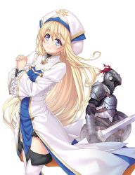 Rule 34 | 1boy, 1girl, armor, blonde hair, blue eyes, blush, boots, breastplate, breasts, brooch, closed mouth, collared dress, dress, floating hair, frilled sleeves, frills, full armor, fur trim, gauntlets, goblin slayer, goblin slayer!, gold trim, hat, helmet, holding, holding shield, holding sword, holding weapon, jewelry, kannatsuki noboru, long hair, long sleeves, looking at viewer, looking to the side, multicolored clothes, multicolored headwear, novel illustration, official art, own hands clasped, own hands together, plume, priestess, priestess (goblin slayer!), second-party source, shield, shoulder armor, simple background, small breasts, smile, standing, star (symbol), sword, thigh boots, thighhighs, thighs, very long hair, weapon, white background, white dress, white headwear, white thighhighs