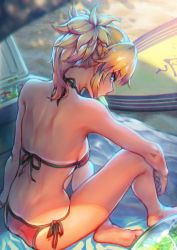 Rule 34 | 1girl, back, bare shoulders, barefoot, beach, bikini, blonde hair, blue eyes, braid, commentary request, cooler, fate/grand order, fate (series), food, halterneck, hangetsuban sonshou, looking back, mordred (fate), mordred (fate) (all), mordred (fate/apocrypha), mordred (swimsuit rider) (fate), mordred (swimsuit rider) (first ascension) (fate), mouth hold, ponytail, popsicle, sand, shadow, side-tie bikini bottom, sitting, solo, string bikini, surfboard, swimsuit, tan, tanline
