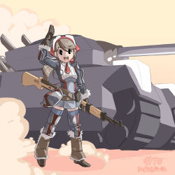 Rule 34 | 00s, 1girl, 2012, alicia melchiott, armor, bandana, brown eyes, brown hair, dated, dress, faulds, gloves, gun, highres, junkpuyo, knee pads, leg warmers, long hair, military, military uniform, military vehicle, motor vehicle, necktie, open mouth, pauldrons, ponytail, rifle, senjou no valkyria, senjou no valkyria (series), senjou no valkyria 1, short dress, shoulder armor, solo, tank, thighhighs, uniform, vehicle, waving, weapon