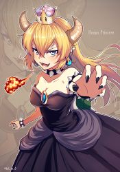 Rule 34 | 1girl, bare shoulders, black dress, black nails, blonde hair, blue eyes, bowsette, bracelet, breasts, brown background, character name, cleavage, collar, collarbone, commentary request, crown, dress, earrings, fal (fal-se-0), fangs, fire, horns, jewelry, long hair, looking at viewer, mario (series), medium breasts, nail polish, new super mario bros. u deluxe, nintendo, open mouth, pointy ears, smile, solo, spiked bracelet, spiked collar, spikes, super crown, teeth, twitter username, zoom layer