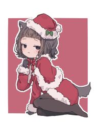 Rule 34 | 1girl, animal ear fluff, animal ears, black gloves, black hair, black pantyhose, blush, bow, brown eyes, capelet, closed mouth, dress, forehead, full body, fur-trimmed capelet, fur-trimmed dress, fur-trimmed headwear, fur-trimmed sleeves, fur trim, gloves, hand up, hat, long sleeves, looking at viewer, no shoes, original, outline, pantyhose, red background, red bow, red capelet, red dress, red hat, santa costume, santa hat, sleeves past wrists, solo, striped, striped bow, tail, tilted headwear, two-tone background, uzoumuzo, wavy mouth, white background, white outline