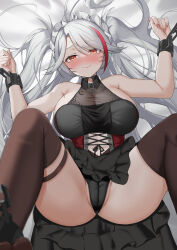 Rule 34 | 1girl, absurdres, azur lane, bare arms, bare shoulders, black dress, blush, breasts, brown thighhighs, cameltoe, chain, chained, chained wrists, cleft of venus, closed mouth, dress, grey hair, highres, large breasts, long hair, looking at viewer, maid headdress, marumai, mole, mole on breast, multicolored hair, official alternate costume, prinz eugen (azur lane), prinz eugen (kindred evening spirits) (azur lane), red eyes, red hair, see-through, smile, spread legs, streaked hair, thighhighs, thighs