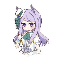 Rule 34 | 1girl, animal ears, ascot, bare shoulders, blush, closed mouth, clothing cutout, cropped torso, gloves, green ascot, hand up, hat, holding, horse ears, jacket, long hair, looking at viewer, mejiro mcqueen (end of sky) (umamusume), mejiro mcqueen (umamusume), mini hat, mini top hat, nozo (hitomiz), puffy short sleeves, puffy sleeves, purple eyes, purple hair, shirt, short eyebrows, short sleeves, shoulder cutout, simple background, solo, thick eyebrows, tilted headwear, top hat, umamusume, upper body, very long hair, white background, white gloves, white hat, white jacket, white shirt