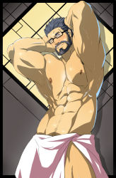 Rule 34 | 1boy, abs, alternate hair color, arms behind head, bara, beard, blush, bulge, cowboy shot, facial hair, glasses, grey hair, gyee, kito (clamp5656), large pectorals, looking at viewer, male focus, mature male, muscular, muscular male, naked towel, navel, navel hair, nipples, one eye closed, paid reward available, pectorals, paid reward available, seductive smile, short hair, smile, solo, stomach, thick thighs, thighs, topless male, towel, vundo (gyee), wet