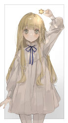 Rule 34 | 1girl, absurdres, arm up, blonde hair, blue ribbon, closed mouth, dress, highres, holding, kyuumura, long hair, long sleeves, looking at viewer, original, ribbon, simple background, sketch, solo, white background, white dress
