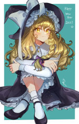 Rule 34 | 1girl, 2021, ahoge, black dress, black footwear, blonde hair, blush, bobby socks, border, bow, braid, closed mouth, commentary request, crossed ankles, dress, frills, full body, green background, hair between eyes, hair ribbon, hat, hat bow, highres, kirisame marisa, knees up, long hair, long sleeves, looking at viewer, mary janes, new year, outside border, purple ribbon, ribbon, rosette (roze-ko), shoes, side braid, simple background, single braid, sitting, smile, socks, solo, touhou, tress ribbon, wavy hair, white border, white bow, white socks, witch hat, yellow eyes
