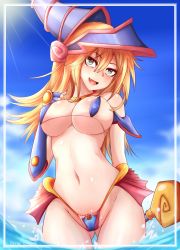 Rule 34 | 1girl, adapted costume, arm behind back, bare shoulders, bikini, blonde hair, blue bikini, blue hat, blue sky, blush, breasts, cameltoe, choker, cleavage, cloud, cloudy sky, covered erect nipples, dark magician girl, day, duel monster, elbow gloves, eyebrows, fang, female focus, fingerless gloves, frilled bikini, frills, gem, gloves, gluteal fold, green eyes, groin, hair between eyes, hat, head tilt, jewelry, large breasts, legs together, long hair, looking at viewer, micro bikini, naughty face, navel, neck ring, open mouth, outdoors, red gemstone, rhymeruru, shiny skin, sky, solo, staff, standing, string bikini, swimsuit, tongue, upper body, wading, wand, wizard hat, yu-gi-oh!