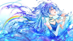 Rule 34 | 1girl, blue hair, chaperu (mukuone), closed eyes, hatsune miku, highres, jewelry, long hair, microphone, necklace, open mouth, rainbow, solo, vocaloid, water
