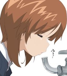 Rule 34 | 1girl, brown hair, closed eyes, faucet, girls und panzer, henyaan (oreizm), highres, nishizumi miho, ooarai school uniform, open mouth, school uniform, short hair, simple background, solo, white background