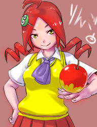 Rule 34 | 1girl, ahoge, apple, ascot, brown background, closed mouth, collared shirt, copyright request, drill hair, food, fruit, green eyes, hair ornament, hairclip, highres, looking at viewer, makicha (sasurainopink), parted bangs, pleated skirt, purple ascot, red apple, red hair, red skirt, shirt, short sleeves, simple background, skirt, smile, solo, vest, white shirt, wing collar, yellow vest