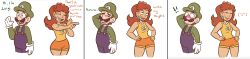 Rule 34 | !, !!, 1boy, 1girl, 3panels, assertive female, bare shoulders, blush, breasts, brown hair, closed eyes, crown, earrings, embarrassed, english text, facial hair, gloves, hands on own hips, hat, jewelry, lenny face, luigi, mario (series), medium breasts, meme, mustache, nintendo, open mouth, overalls, pointing, princess daisy, sarah sketches, shorts, smile, thighs, white background