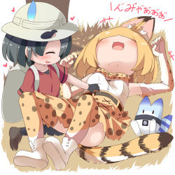 Rule 34 | +++, 10s, 2girls, :d, animal ears, backpack, bag, belly rub, black gloves, black hair, blonde hair, blush, bow, bowtie, bucket hat, commentary request, elbow gloves, gloves, hat, hat feather, heart, high-waist skirt, highres, kaban (kemono friends), kemono friends, lucky beast (kemono friends), lying, makuran, multiple girls, on back, on ground, open mouth, pantyhose, print bow, print bowtie, print legwear, print neckwear, print skirt, red shirt, serval (kemono friends), serval print, serval tail, shirt, short hair, skirt, sleeveless, sleeveless shirt, smile, striped tail, tail, thighhighs