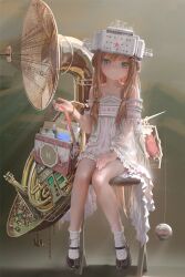 Rule 34 | 1girl, bag, bare shoulders, black footwear, blonde hair, blue eyes, boat, chain, child, remembrance of earth&#039;s past, dress, full body, hair ornament, hairclip, hat, highres, holding, holding bag, instrument, jewelry, long hair, looking at viewer, necklace, paper, personification, shadow, sitting, socks, solo, spoilers, translation request, tuba, user puvx2523, watercraft, white dress, white socks