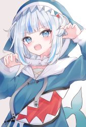 Rule 34 | 1girl, absurdres, animal costume, animal hood, blue eyes, blue hair, blue hoodie, blunt bangs, blush, breasts, claw pose, commentary, fins, fish tail, gawr gura, gawr gura (1st costume), grey hair, hair ornament, highres, hololive, hololive english, hood, hoodie, korira, long sleeves, looking at viewer, medium hair, multicolored hair, open mouth, shark, shark costume, shark girl, shark hair ornament, shark hood, shark tail, sharp teeth, sleeves past wrists, small breasts, solo, streaked hair, tail, teeth, two side up, virtual youtuber, white hair, wide sleeves