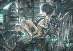 Rule 34 | 1girl, android, black hair, cable, dlkdhy, glowing, original, industrial pipe, profile, short hair, sitting, sketch, solo, window