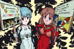 Rule 34 | 2girls, alone on a friday night? (meme), ayanami rei, blue eyes, blue hair, english text, female focus, highres, holding, holding sign, long hair, meme, multiple girls, neon genesis evangelion, plugsuit, psicochurroz, red eyes, short hair, sign, sonic (series), sonic the hedgehog, souryuu asuka langley, standing