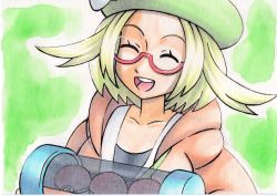 Rule 34 | 1girl, :d, beret, bianca (pokemon), blonde hair, bow, closed eyes, collarbone, commentary request, creatures (company), eyelashes, game freak, glasses, green background, green hat, hat, hat bow, highres, hood, hooded jacket, jacket, nintendo, oka mochi, open clothes, open jacket, open mouth, orange jacket, poke ball, poke ball (basic), pokemon, pokemon bw2, red-framed eyewear, semi-rimless eyewear, short hair, smile, solo, teeth, tongue, traditional media, upper body, upper teeth only, white bow