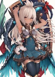Rule 34 | 1girl, absurdres, armor, armpits, arms up, bad id, bad pixiv id, bare shoulders, black gloves, black thighhighs, blue dress, boots, bow, breastplate, creature, dark-skinned female, dark skin, dragon, dress, faulds, feathered wings, gloves, granblue fantasy, has bad revision, has downscaled revision, highres, holding, holding sword, holding weapon, legs up, long hair, looking at viewer, md5 mismatch, orange eyes, resolution mismatch, revision, shield, sleeveless, sleeveless dress, smile, snm (sunimi), solo, source smaller, strap, sword, tail, tail bow, tail ornament, thighhighs, weapon, white background, white hair, wings, zettai ryouiki, zooey (granblue fantasy)