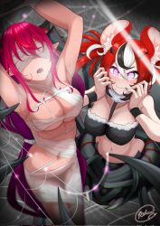 Rule 34 | 2girls, animal ear fluff, animal ears, arachne, arthropod girl, bdsm, black bra, black hair, bondage, bound, bra, breasts, cleavage, closed mouth, commentary, covered eyes, drooling, english commentary, glowing, glowing eyes, hair ornament, hakos baelz, highres, hololive, hololive english, horns, insect girl, irys (hololive), long hair, medium breasts, midriff, monster girl, monsterification, mouse ears, multicolored hair, multiple girls, navel, open mouth, pink eyes, red hair, rlus, saliva, silk, smile, spider girl, spider web, strapless, strapless bra, streaked hair, sweat, taur, twintails, underwear, very long hair, virtual youtuber, white hair, wrist cuffs, yuri