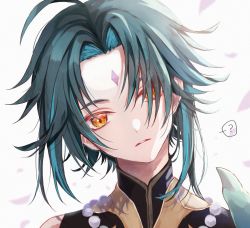 Rule 34 | 1boy, ?, bead necklace, beads, black hair, blue hair, facial mark, forehead mark, genshin impact, hair over one eye, highres, jewelry, looking at viewer, male focus, multicolored hair, necklace, orange eyes, parted lips, petals, portrait, seri gnsn, simple background, solo, xiao (genshin impact)