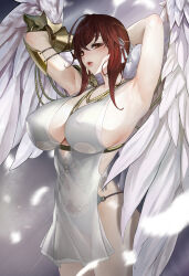 Rule 34 | 1girl, absurdres, armor, armpits, arms behind head, arms up, black desert online, breasts, clothing cutout, commission, covered erect nipples, cowboy shot, crossed bangs, dress, feathered wings, grey background, grey ribbon, hair between eyes, hair ribbon, highres, huge breasts, mute (mute89539160), navel, parted lips, pubic tattoo, red eyes, red hair, ribbon, see-through, see-through dress, short dress, shoulder armor, side cutout, sideboob, sidelocks, solo, tattoo, vambraces, wings