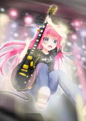 Rule 34 | 1girl, blue eyes, bocchi the rock!, copyright name, cube hair ornament, denim, eyebrows hidden by hair, gotoh hitori, guitar, hair between eyes, hair ornament, highres, instrument, jacket, jeans, long bangs, long hair, looking at viewer, mafu makura, official alternate costume, pants, pink hair, shoes, solo, stage, upper body