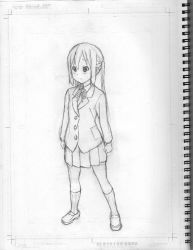 Rule 34 | 1girl, bad id, bad pixiv id, blazer, buttons, greyscale, jacket, k-on!, long sleeves, looking afar, monochrome, nakano azusa, pleated skirt, school uniform, simple background, sketchbook, skirt, solo, standing, watanore, white background