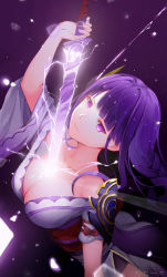 Rule 34 | 1girl, absurdres, armor, braid, breasts, cleavage, closed mouth, collarbone, commentary request, electricity, energy sword, female focus, flower, genshin impact, hair ornament, highres, holding, holding sword, holding weapon, human scabbard, japanese clothes, kimono, large breasts, light particles, long hair, looking at viewer, mitsudomoe (shape), mole, mole under eye, obi, obiage, obijime, purple background, purple eyes, purple flower, purple hair, rafael-m, raiden shogun, ribbon, sash, shoulder armor, simple background, solo, sword, tomoe (symbol), weapon, wide sleeves