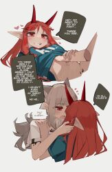 Rule 34 | 2girls, 2koma, absurdres, animal ears, arknights, arm grab, blue shirt, blush, bottomless, comic, commentary, demon horns, english commentary, english text, fox ears, fox girl, frostleaf (arknights), grey hair, hair ornament, hairclip, hand under clothes, hand under shirt, highres, horns, long hair, looking at viewer, material growth, multiple girls, navel, open mouth, oripathy lesion (arknights), pointy ears, red eyes, shirt, short sleeves, sidelocks, simple background, smile, sweat, teeth, togekk0, upper teeth only, vigna (arknights), white background, white shirt, yuri