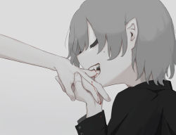 Rule 34 | 1boy, absurdres, avogado6, biting, black shirt, blood, closed eyes, drooling, fangs, finger biting, finger in another&#039;s mouth, fingernails, from side, grey background, grey hair, hand up, highres, holding hands, long sleeves, male focus, mole, mole under eye, muted color, open mouth, original, pointy ears, portrait, saliva, shirt, simple background, smile, solo focus, teeth, vampire