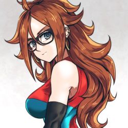 Rule 34 | 1girl, android 21, black-framed eyewear, blue eyes, breasts, brown hair, checkered clothes, checkered dress, closed mouth, commentary request, curly hair, detached sleeves, dragon ball, dragon ball fighterz, dress, earrings, from side, glasses, hoop earrings, jewelry, kemachiku, long hair, looking at viewer, looking back, lowres, medium breasts, simple background, sleeveless, sleeveless dress, smile, solo, two-tone dress, upper body, very long hair