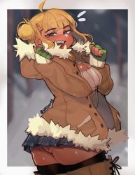 Rule 34 | 1girl, absurdres, ahoge, ass, black thighhighs, blonde hair, blue skirt, blush, boots, breast cutout, breasts, brown footwear, brown jacket, cleavage, commentary, cowboy shot, cross-laced footwear, double bun, english commentary, fingerless gloves, fur trim, gloves, green gloves, grin, hair bun, hair ornament, hairclip, highres, jacket, lace-up boots, long sleeves, looking at viewer, looking back, medium breasts, microskirt, nita (nazunita), open clothes, open jacket, open mouth, original, panties, pantyshot, pink panties, plaid, plaid skirt, pleated skirt, short hair, sidelocks, skirt, sleeves past wrists, smile, solo, striped clothes, striped panties, teeth, thigh boots, thighhighs, twitter username, underwear, zettai ryouiki