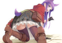 Rule 34 | 1girl, :d, all fours, animal ear fluff, animal ears, ass, black gloves, black skirt, blush, boots, brown footwear, cape, commentary request, cross-laced footwear, frilled skirt, frills, from behind, gloves, holding, hood, hood down, hooded cape, kasumi (princess connect!), knee boots, lace-up boots, long hair, miri (ago550421), open mouth, pleated skirt, princess connect!, purple eyes, purple hair, purple thighhighs, red cape, shoe soles, skirt, smile, solo, tail, teeth, thighhighs, thighhighs under boots, upper teeth only, white background