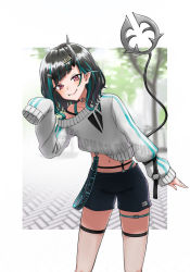 Rule 34 | 1girl, belt, black hair, black shorts, blue belt, blue hair, blurry, blurry background, blush, border, closed mouth, commentary request, demon girl, demon horns, demon tail, fang, feet out of frame, flat chest, grey sweater, hair ornament, hairclip, highres, horns, i namatsu, leaning forward, long sleeves, looking at viewer, medium hair, midriff, multicolored hair, nanashi inc., navel, off shoulder, official alternate costume, outside border, pointy ears, red eyes, shishio chris, shishio chris (2nd costume), shorts, sleeves past fingers, sleeves past wrists, smile, solo, sugar lyric, sweater, tail, thigh strap, two-tone hair, virtual youtuber, white border
