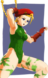 Rule 34 | 1girl, abs, armpits, beret, blonde hair, bodypaint, breasts, cammy white, capcom, covered navel, hat, highres, leotard, outside border, scar, solo, street fighter