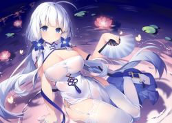 Rule 34 | 1girl, absurdres, ahoge, azur lane, blue eyes, blunt bangs, breasts, china dress, chinese clothes, cleavage, dress, flower, folding fan, garter straps, hair ornament, hand fan, highres, illustrious (azur lane), illustrious (maiden lily&#039;s radiance) (azur lane), large breasts, lily (flower), lily pad, long hair, low twintails, partially submerged, scan, sidelocks, sitting, smile, thighhighs, tsukimi (xiaohuasan), twintails, water, white dress, white hair