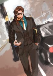 Rule 34 | 1boy, alternate costume, cellphone, doughnut, food, food in mouth, formal, glasses, granblue fantasy, hand in pocket, necktie, phone, ponytail, siegfried (granblue fantasy), smartphone, suit, tomo (tomorag7), vest