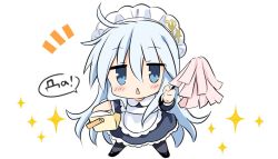 Rule 34 | 1girl, alternate costume, apron, black pantyhose, blue dress, blue eyes, box, chibi, cyrillic, dress, duster, enmaided, frilled apron, frills, hammer and sickle, hibiki (kancolle), hizuki yayoi, kantai collection, long hair, looking at viewer, maid, pantyhose, russian text, silver hair, solo, sparkle, standing, triangle mouth, verniy (kancolle), white apron, white background