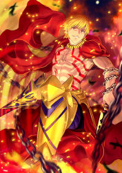 Rule 34 | 1boy, aora, armor, bad id, bad pixiv id, blonde hair, cape, chain, ea (fate/stay night), enkidu (weapon) (fate), fate/hollow ataraxia, fate (series), gilgamesh (fate), male focus, motion blur, red eyes, topless male, solo, sparks, standing, tattoo, weapon