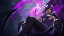Rule 34 | 1girl, absurdres, alternate hair color, alternate hairstyle, black pants, breasts, crown, dark elementalist lux, dark persona, dress, elementalist lux, feathers, fingernails, frilled skirt, frills, highres, league of legends, lips, looking at viewer, lux (league of legends), medium breasts, miniskirt, nail polish, nose, pants, parted lips, purple dress, purple eyes, purple hair, purple nails, purple skirt, side ponytail, sitting, skirt, sleeveless, smile, solo, staff, swept bangs, teeth