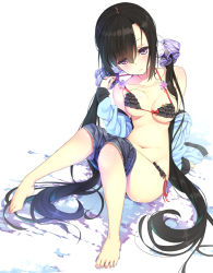 Rule 34 | 1girl, arm support, barefoot, bikini, bikini pull, black hair, blush, bow, breasts, breasts apart, clothes pull, collarbone, feet, frilled bikini, frills, full body, hair ribbon, knees together feet apart, long hair, low twintails, navel, open clothes, original, peragura, pink eyes, ribbon, shorts, shorts pull, side-tie bikini bottom, sitting, solo, star (symbol), strap pull, swimsuit, twintails, undressing, very long hair, white background